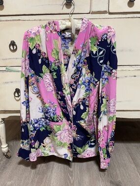 Dana Buchman Vintage Floral Blouse Size 12 Pink Navy Elegant Lightweight